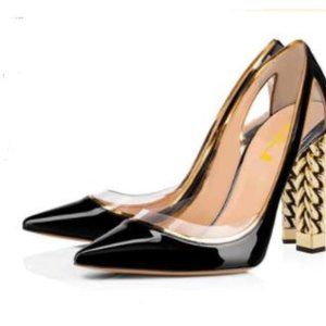 FSJ Women Gold Metal Chain Chunky High Heel Pointe